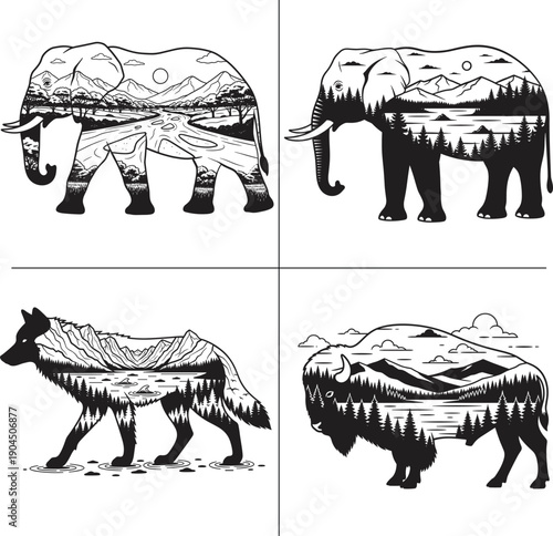 Minimalist Wild Animal and Forest Nature Double Exposure T Shirt Design Bundle