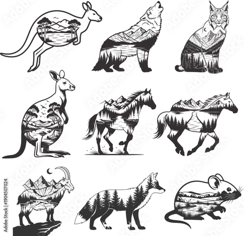 Minimalist Wild Animal and Forest Nature Double Exposure T Shirt Design Bundle