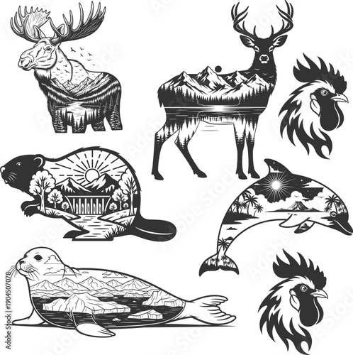 Minimalist Wild Animal and Forest Nature Double Exposure T Shirt Design Bundle