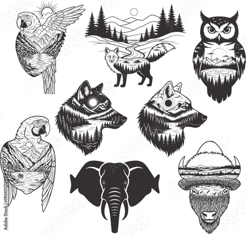 Minimalist Wild Animal and Forest Nature Double Exposure T Shirt Design Bundle