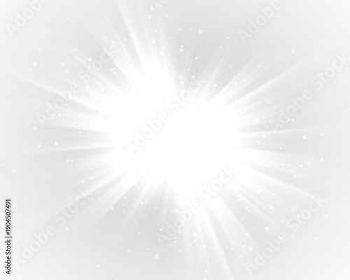 Bright white star shines with scattered sparkles and soft sun rays. Lens flare highlights create warm summer vibes. Ideal PNG for graphic overlays and banners.