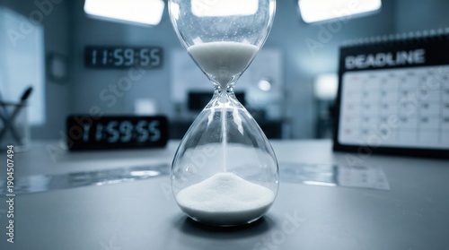 Hourglass sand timer counting down the final seconds on an office desk, symbolizing a looming deadline and urgency concept.