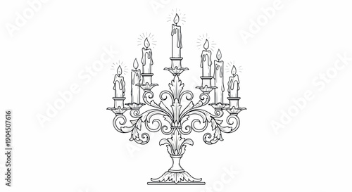 Line drawing of a traditional menorah with multiple candle holders on a white background.