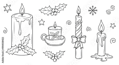 Black and white line drawing of Christmas candles with holly and snowflakes on a plain background.