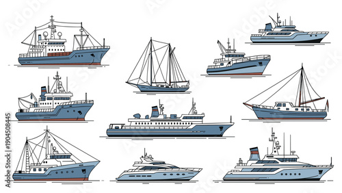Diverse collection of marine vessels including industrial cargo ships, luxury yachts, and traditional fishing boats.