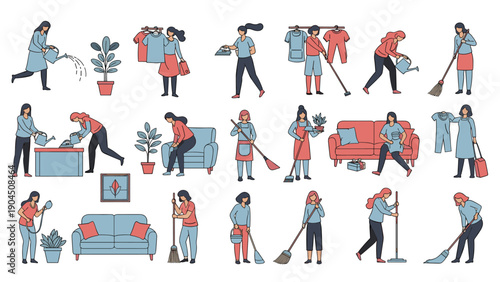 Diverse collection of female characters performing various household chores including cleaning, cooking, and gardening.