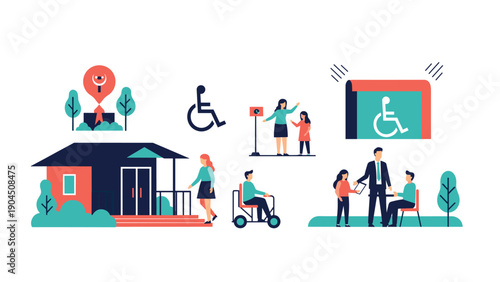 Diverse group of people and icons representing accessibility, disability support, and inclusive community services.