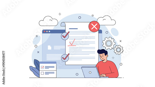 Professional editor reviewing digital documents and correcting errors using a laptop and online software tools.