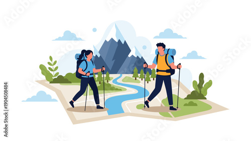 Enthusiastic couple hiking through a scenic mountain landscape while following a detailed trail map on their journey.