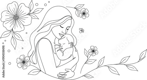 Mother lovingly holding newborn baby with floral decorative line art illustration expressing motherhood tenderness parenting care gentle emotional family bonding
