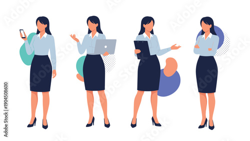 Professional woman character in business attire shown in different poses including holding a phone laptop and a clipboard.