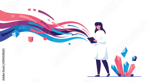 Female scientist in a white lab coat holding a tablet while colorful abstract data waves flow from the screen into the air.