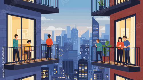 Urban city scene at dusk showing people standing on their apartment balconies looking out over the illuminated skyscrapers.