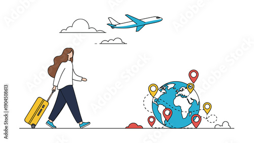 Woman traveler with a yellow suitcase walking towards a globe with pins as an airplane flies through the clouds above.