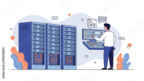 IT technician working in a server room using a control panel to monitor large data center racks with many hardware units.