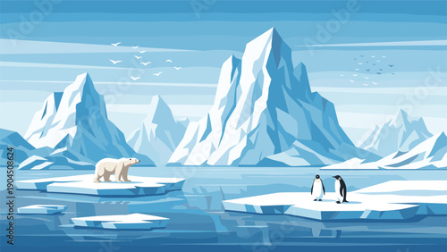 Polar landscape illustration with icebergs a polar bear on a floating ice floe and penguins standing on the snowy ground.