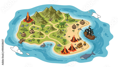 Illustrated map of a tropical pirate island with volcanoes pirate ships hidden treasure chests palm trees and sandy beaches.