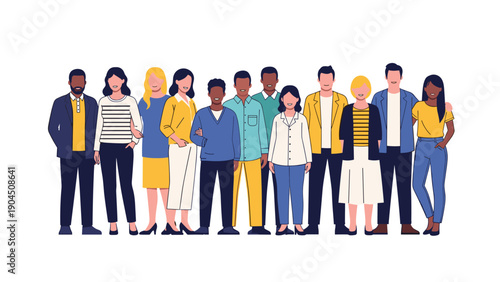 Group portrait of diverse people standing together in a row representing a united community coworkers or a social group.
