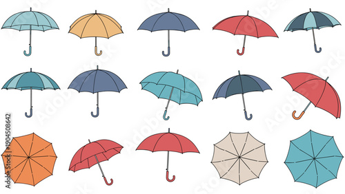 Comprehensive set of umbrella icons in different colors and positions including top views side views and partially open designs.