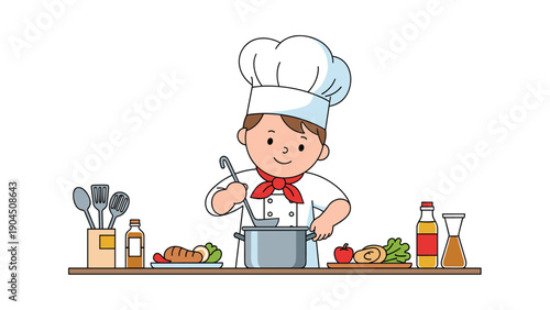Cute little boy dressed as a professional chef cooking a meal in a pot on a kitchen counter with various fresh ingredients.