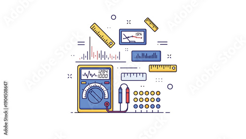 Illustration of electronic measurement devices and symbols including a digital multimeter rulers and various technical gauges.