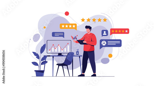 Professional businessman analyzes digital marketing data and customer satisfaction ratings on a computer screen in a modern workspace environment.