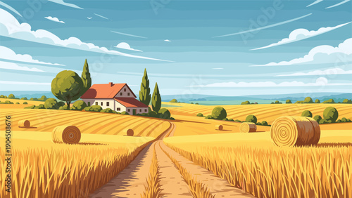 Picturesque countryside landscape featuring golden wheat fields with round hay bales and a traditional farmhouse.