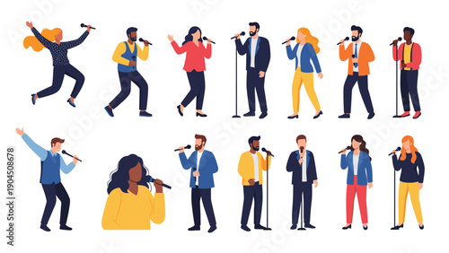 Collection of diverse male and female singers performing with microphones in various energetic and expressive poses.