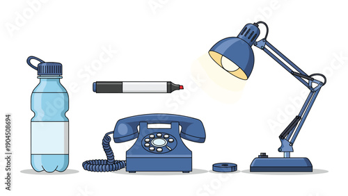 Collection of essential office desk items including a classic rotary telephone, adjustable desk lamp, and a water bottle.