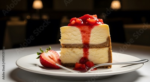 Slice of rich strawberry cheesecake with a fork rests elegantly on a white plate in a dark restaurant setting.
