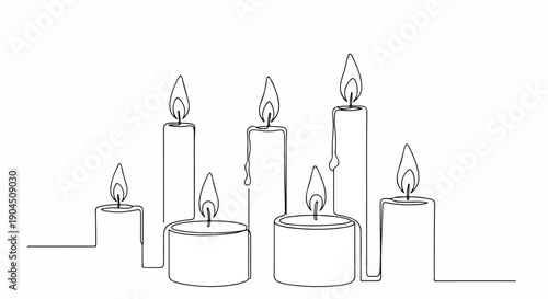 Continuous line drawing of a group of lit candles in various sizes on a white background with a simple, elegant mood.