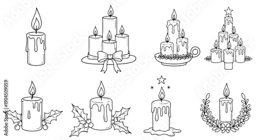 Line art illustrations of various candle designs and arrangements on a white background.