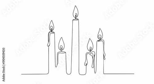 Continuous line drawing of a group of lit candles on a plain white background with a minimalist style.