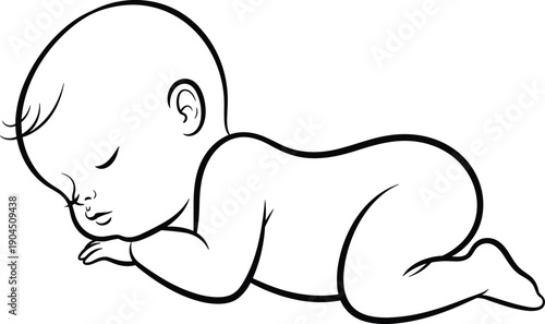Peaceful newborn baby sleeping on stomach line art illustration, minimalist black and white vector drawing for parenting, childcare, nursery design