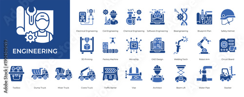 Engineering Icon set Collection in Glyph Two Color Style. engineering, mechanical, electrical, civil, chemical, software
