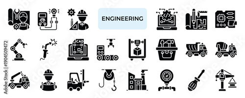 Engineering Icon set Collection in Solid Glyph Style. engineering, mechanical, electrical, civil, chemical, software