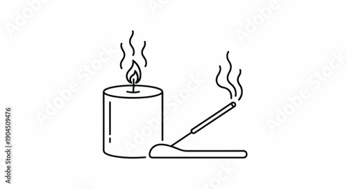 Line drawing of a lit candle with smoke and an extinguished cigarette on a snuffer against a clean white background.