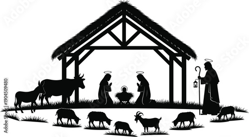 Nativity scene silhouette illustration with Holy Family animals shepherd stable manger Christmas religious biblical vector art traditional Christian celebration