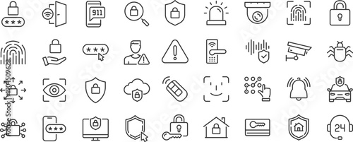 Security web icons. Guard, cyber security, password, smart home, safety, data protection, key, shield, lock, unlock, eye access. Editable stroke. Vector