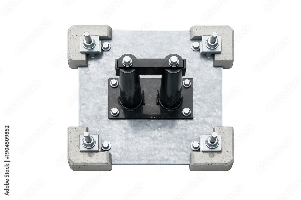 Fototapeta premium Heavy duty industrial roller assembly with concrete and metal base on black background