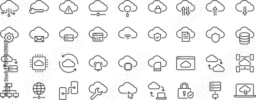 Cloud computing web icons. Cloud technology, data center, connection network, digital service, database platform, collection. Editable stroke. Vector