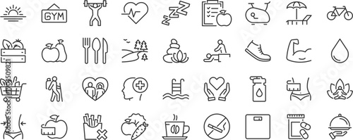 Lifestyle web icon set. Healthcare, healthy lifestyle, health, diet, healthy food, exercise, sleep, collection. Editable stroke. Vector