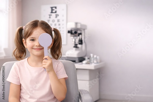 A girl with ponytails sits in a chair at an eye clinic. She holds an eye patch and smiles. The background shows equipment used for eye tests and a chart