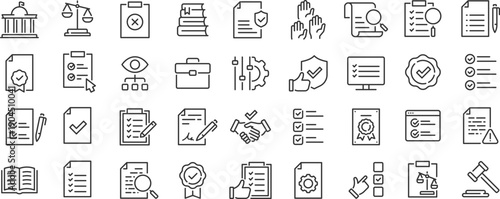 Compliance web icons. Regulations, policy, legal document, quality control, responsibility, law. Editable stroke. Vector