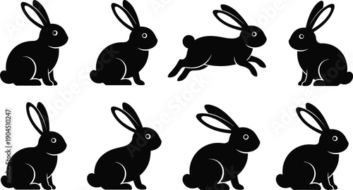 Rabbit silhouette vector illustration set featuring sitting and leaping poses, upright ears, rounded bodies, wildlife, nature, ecology, animal design.