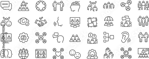 Human Interaction web icons. People, communication, chat, relationships, meeting, group, friends. Editable stroke. Vector
