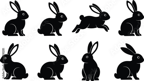Rabbit silhouette vector illustration set showing diverse poses, sitting, running, crouching, upright stances, animal design, wildlife, nature, and ecology.