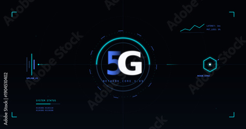 Futuristic blue HUD interface with network core visualization digital data telemetry and technical scouting elements.