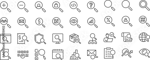Search web icons. Magnify glass, web search, find document, interface, collection. Editable stroke. Vector