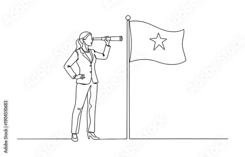  success businesswoman hold spyglass stand beside flag on mountain concept of opportunity.